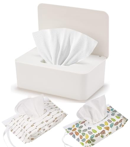 HFHungkeong Wipes Dispenser Set,1 Wipe Box & 2 Portable Pouches,White | Refillable Reusable Large Wet Wipe Holder, Flushable Wipes Case Bathroom Wipes Container for Pet Nursery Kitchen Office