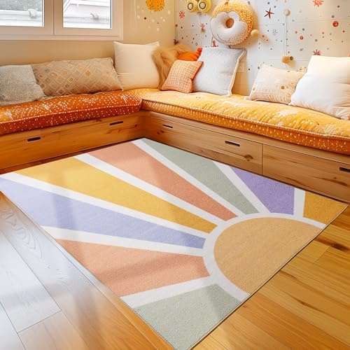 Kinderteppich Sonnen Muster Jungen und Mädchen Babyzimmer Teppich Kinderzimmer Bunt Teppich 80 x 120 cm