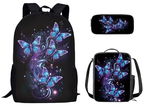 Kuiaobaty Schulrucksack für Kinder, 3 Stück, für Mädchen und Jungen, Dinosaurier, Fußball, Wolf, Pferd, Schultertaschen, Teenager, Studenten, Lunch-Tasche, Federmäppchen, Magical Stars Butterfly
