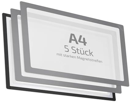 spLEAN 5 Stück Dokumentenhalter magnetisch DIN A4, Fenster, hellgrau, Aushang aus stabiler Vinyl-Hartfolie Stärke 0,70 mm, mit Magnetrahmen, Made in Germany