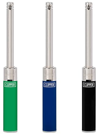Clipper - Pack de 3 Encendedores Reusables de Cocina o Barbacoa Medium Tube | Diseño Icónico Clipper | Mecheros Recargables de Gas (Verde, Azul, Negro)