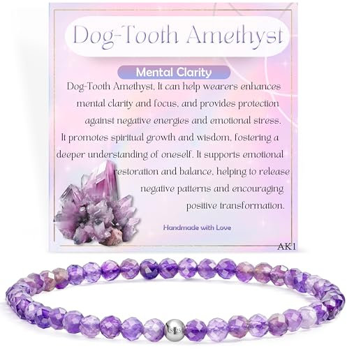 Hundszahn Amethyst - Geistige Klarheit - Edelstein Perlen Armband für Frauen, 4mm Kristall Silber 925 Naturstein Schmuck Elastisch Armbänder Damen, Chakra Spirituelle Charms Armbänder Geschenke
