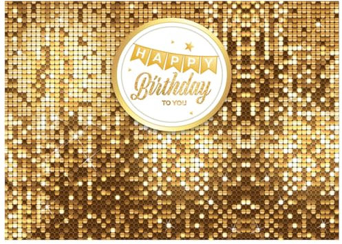 AIIKES 7x5FT Gold Flash Happy Birthday Photography Backdrop - Glitter Party Decoration XY100