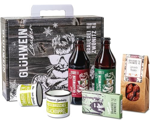 Brauerei Zwönitz Glühwein Geschenkset mit Glühwein 0,33L, Glühwein Tassen, gebrannte Mandeln und Räucherkerzen/Glühweinset Geschenk/Glühwein Geschenke/Geschenkset Weihnachten