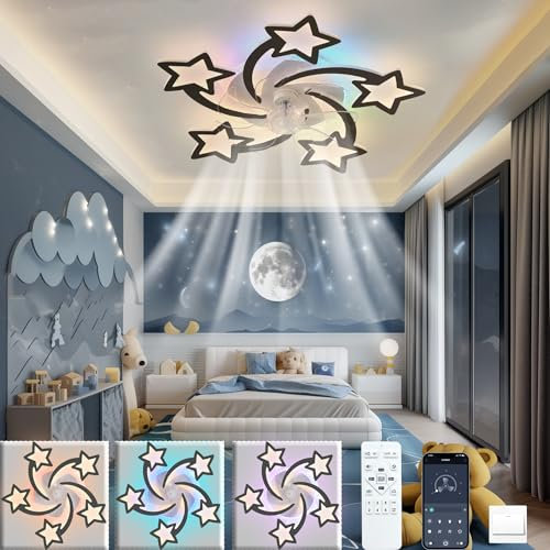 CAUNMAR 27 Kids Ceiling Fan Quiet Modern RGB Ceiling Fan Light 3 Color Dimmable Color RGB Ambient Light Memory Function Reversible Ceiling Light with Fan 6 Speeds 2H Timing Kids Room Bedroom