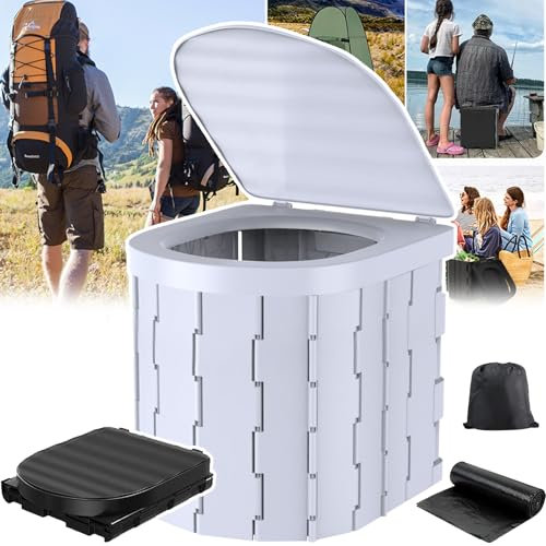 PLABNK Camping Toilet- Oval Form, Folding Integrated Portable Toilet, U-shaped Opening, Load Capacity : 200kg, Easy to Clean, with Cover, Storage Bag+ 20 Cleaning Bags, for Elderly,White