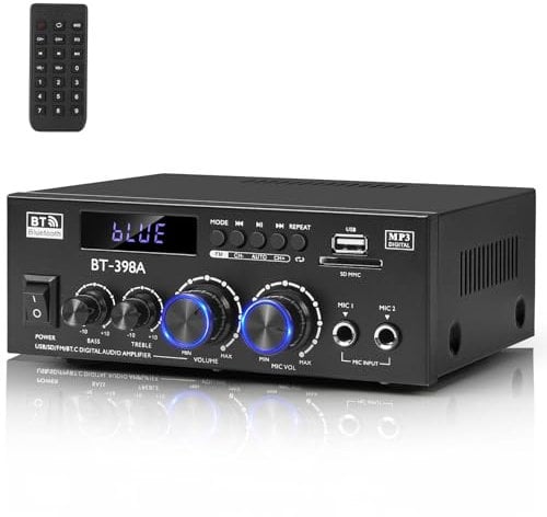 Romicta HiFi Stereo Verstärker, 450Wx2, 2-Kanal Mini Bluetooth Verstärker mit w/UKW-Radio, USB/SD, optischen & koaxialen Eingängen – kompatibel mit Passivlautsprechern & Aktiver Subwoofer