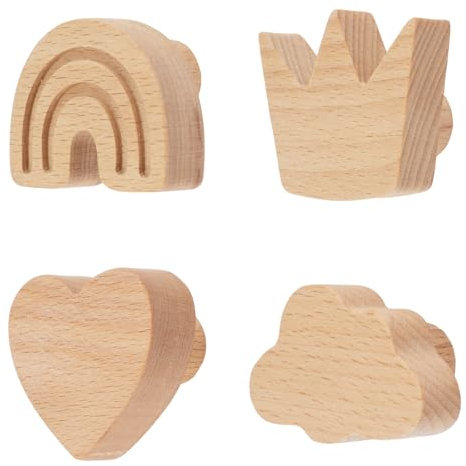 MOROBOR Holz-Wandhaken, 4 Stück, natürliche Holz-Kleiderhaken, Wandmontage, Regenbogen-Krone, Herz, Wolke, robuste Haken für Kinderzimmer, Dekoration, Schrankknöpfe, Haken