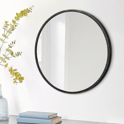 JJUUYOU Runder Wandspiegel für die Wand, kleiner Holzrahmen, Spiegel für Badezimmer, Eingangsbereich, Wohnzimmer, Flur, Schlafzimmer, Dekoration, rostfrei, hängend, horizontal, altschwarz