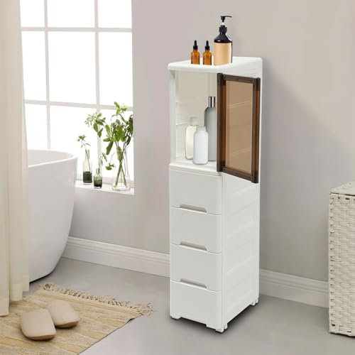 Badschrank weiß Badezimmerschrank mit Schublade 5-stufiger Kleiner schmaler Toilettenregalschrank Beweggbar Kunststoff-Eckschrank, 1 Fächer + 4 Schubladen, 25L x 38W x 107H cm