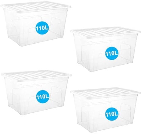 RelianceUK 4 X 110L Extra Large Plastic Storage Boxes with Lids | Clear Strong Storage Box for Clothes Shoes Garage (110 Litre / 4 Pack) Stackable Heavy Duty Tubs | Home Office BPA Free Containers