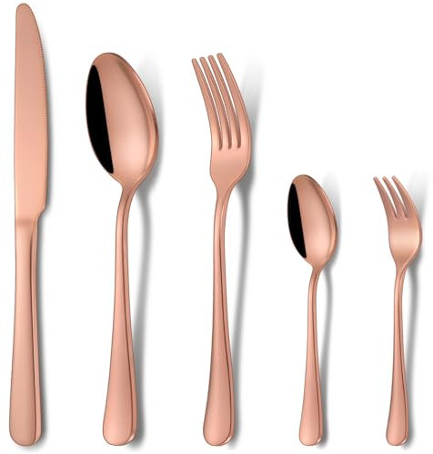 HONKKU Besteck Set 6 Personen, 30 Teilig Roségold Besteckset mit Messer Gabel Löffel, Essbesteck Set Edelstahl Spiegelpoliert, Spülmaschinenfest