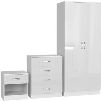 Nera High Gloss Bedroom Furniture Set 3 Piece Set with Wardrobe Chest of Drawer Bedside Table Bedroom Storage (Gloss White(Matt White))