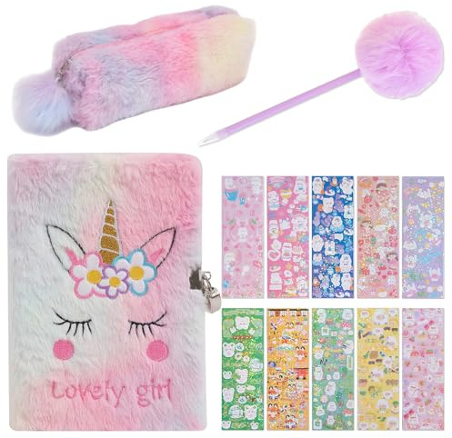 WYRGQIQN Diario segreto per bambina con lucchetto A5 con penna peluche adesivi e astuccio – Set regalo unicorno per ragazze – Colori vivaci ideale per scuola viaggio e compleanno