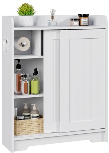 Kaukinye Bathroom Floor Cabinets,Storage Cabinet with Sliding Door,White | Narrow Solid Storage Shelf Next to Slim Toilet Paper Holder, Adjustable Shelves, Ideal for Kitchen, Bathroom
