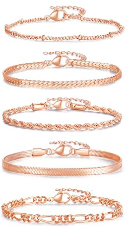 Sahoottie 5Pcs Rose Gold Bracelets for Women,Rose Gold Plated Stackable Bracelets Rose Golden Jewellery Set Rope Cuban Figaro Chain Adjustable Bracelet for Women Ladies