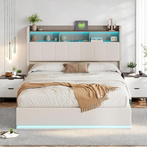 Yeutre Lit Coffre 140 x 200 avec LED et Port USB, Lit Double avec Étagères Ouvertes, Hydraulique Rangement et Tête de Lits Capitonné, Cadre de Lits 2 Personnes avec Sommier Lattes en Bois (Blanc)