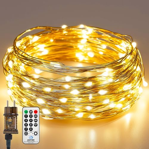 10M/100LED Lichterkette Innen mit Stecker Fernbedienung, Lichterketten Außen mit Timer 8 Modi Wasserdicht IP65, Strom aus kupferdraht lichterkette Warmweiß für Weihnachten Hochzeit Garten Party