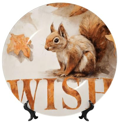 Piatti decorativi in porcellana Bone China con supporto, simpatico scoiattolo Cottagecore Wish piatto rotondo da esposizione per cucina, sala da pranzo, armadietto del vino, decorazione per la casa