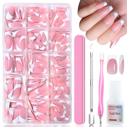 240 Stück Rosa French Künstliche Nägel zum aufkleben - Kurz Ballerina Press on Nails Kunstnägel, Full Cover Soft Gel Fingernägel, mit Nagelkleber - 15 Größen Fake Nägeln für Frauen DIY Nageldesign
