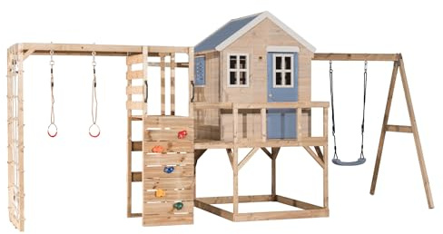 Wendi Toys M23-G Spielhaus auf Stelzen mit Rutsche, Kletternetz, Outdoor Stelzenhaus Holz Kinder 197×508×242 cm, mit Schaukel, Leiter
