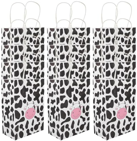 HEATSHAKING Paquet en Papier Kraft à Motif Vache Noir et Blanc Pliables avec Poignées Lot de 12 Paquet Fourre-tout Pratique pour Emballage Présent et Fêtes pour Shopping