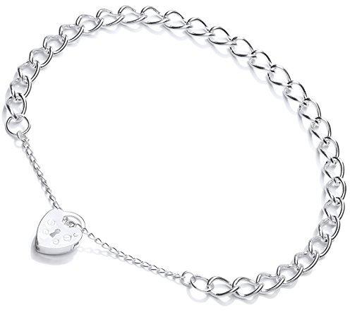 Jewelco London Ladies Sterling Silver Curb Link Love Heart Padlock Charm Bracelet 5mm 10 inch