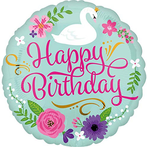 Amscan 3565201 - Standard Folienballon Happy Birthday Floral Swan, 43 cm, Schwan, Luftballon, Heliumballon, Geburtstag, Mitbringsel