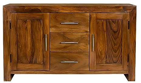 Oak and Pine Online Solid Sideboard Indian Cabinet 2 Door 3 Drawer in Cube Petit Dark Sheesham Living Room Furniture
