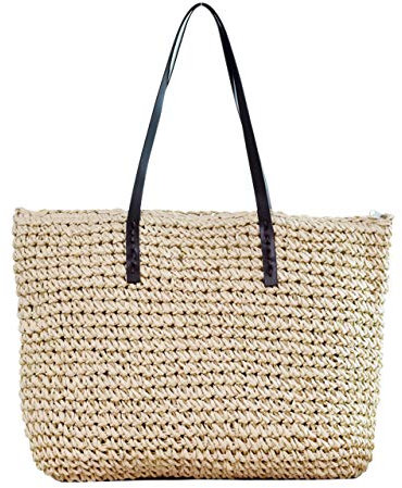 Faletony Sommer Stroh Strandtasche Groß Umhängetasche Shopper Handtasche Crossbody Strohtasche für Damen Mädchen Frau, Kaffeebraun/Weiß (Weiß)