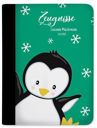 CreaDesign Customize A4 Zeugnismappe für Kinder 26,7x32,7x1 cm, Sichtbuch mit 10 Klarsichthüllen, erweiterbar auf bis zu 20 Taschen, Pinguin Petrol design, Dokumentenmappe für Schüler