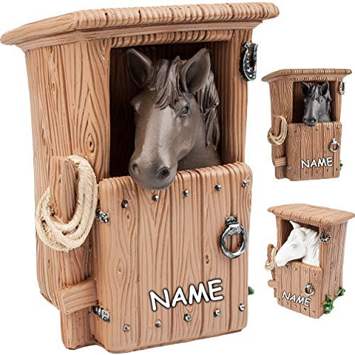 alles-meine.de GmbH große XL Spardose - Pferd im Stall - weiß/schwarz/braun - inkl. Name - mit Verschluss - stabile Sparbüchse - aus Kunstharz/Polyresin - Sparschwein - für..