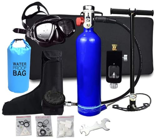 Tauchausrüstung, Scuba Sauerstoffflasche Tauchen, Diving Tank Ausrüstung, 1L Mini Tauchflasche 15-20 Minuten Frei Atmender Tragbarer, Mit Pumpe, nachfüllbarem Design,Blau
