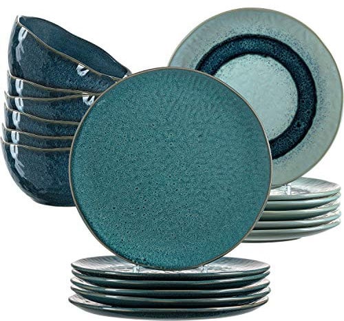 Leonardo Matera Steingut Geschirrset, 18 teilig, Keramik-Teller, Schalen, spülmaschinengeeignetes Kombiservice für 6 Personen, 380 ml, Ø 22,5 & 27 cm, blau, 026053