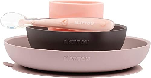Nattou Platos de silicona para niños, 4 piezas, Plato + cuenco antideslizante, Sin BPA, Silicon, Rosa/Violeta