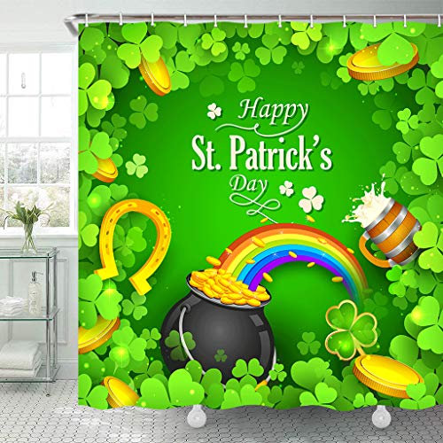 TOMOZ St. Patrick's Day Duschvorhang, Topf mit Goldmünzen, Kleeblättern, grüner Hut und Hufeisen, Badezimmer-Vorhang, irischer Urlaub, Stoff, Duschvorhänge mit Haken, 175 x 178 cm