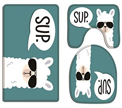 A.Monamour Badezimmer Badematte 3 Teilig Set Coole Cartoon Lama Alpakas Mit Sonnenbrillentier Flanell WC Toilette Deckel Deckt Bad Matte Teppich Badteppiche Badvorleger Badgarnitur Vorleger