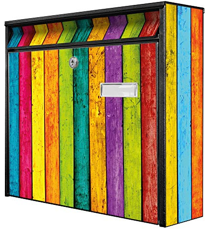 banjado® Burg-Wächter® Briefkasten mit Motiv Bunte Holzlatten/Briefkasten ohne Zeitungsfach 32x36x10 cm groß/Briefkasten mit Namensschild A4 Einwurf inkl. Montagematerial & 2 Schlüsseln