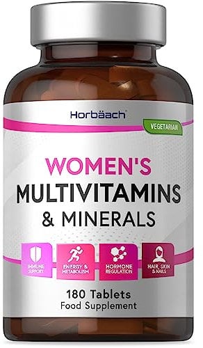 Womens Multivitamins and Minerals | with Iron, Calcium, Biotin, Folic Acid, Vitamins D3, B3, B6 & B5 | 180 Vegetarian Tablets | by Horbaach