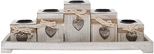 elbmöbel 5er Teelichthalter Set mit Tablett - Tischdekoration Holz | Kerzenhalter im Shabby-Chic Stil, handgefertigt, Vintage-Look, Holz geweißt, Juteschnur & Herzanhänger