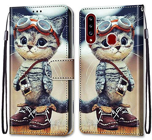 Mo-Somnus Kompatibel mit Samsung Galaxy A20S Hülle, Leder Handyhülle mit Kartenfach Geld Slot Ständer PU Ledertasche TPU Bumper Flip Brieftasche Magnetische Schutzhülle Case Etui (Katzen 1)