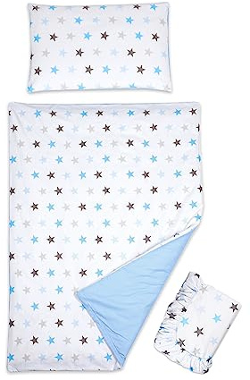 3-teiliges Set Bettbezug Kissenbezug und Spannbetttuch für 140 x 70 cm Babybett (Sterne blau)