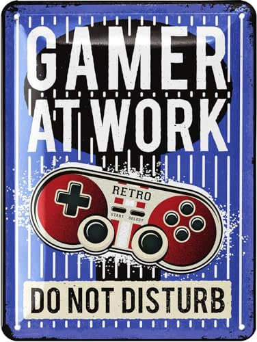 LANOLU Cartel de chapa retro con texto en alemán Gamer at Work, cartel para puerta con texto en alemán GAMER AT WORK, cartel de metal de 15 x 20 cm