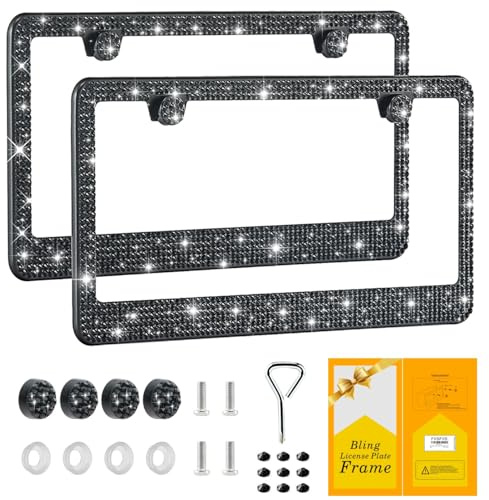 YUNH Bling Nummernschildrahmen für Damen, 2 Stück, Premium-Edelstahl, Strass, handgefertigt, Glitzer, Kristall, Diamant, Linincense -Tellerabdeckung für Mädchen, Bedazzled Sparkly (schwarz)