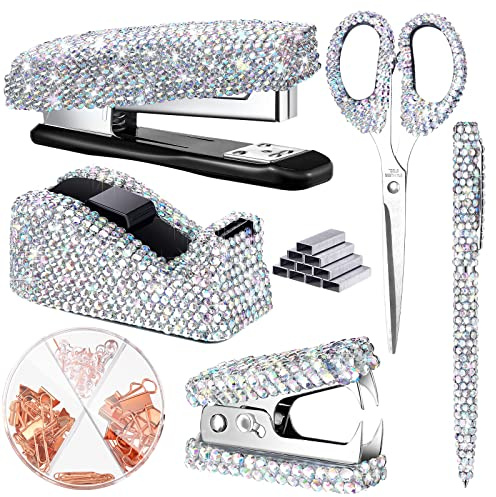Demissle Glitzerndes Büro-Schreibtisch-Zubehör-Set, Kristall, Schulanfang, Schreibwaren-Set, Scherenhefter mit Heftbandabroller, Diamantstift, Heftklammerentferner, Binderclip, Büroklammern