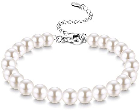 JeweBella 4MM/6MM/8MM Perlenarmband Damen Silber 925 Armband Perlen für Frauen Mädchen Länge 18+6CM Verstellbar Klassische Weiß Pearls Armband mit Box