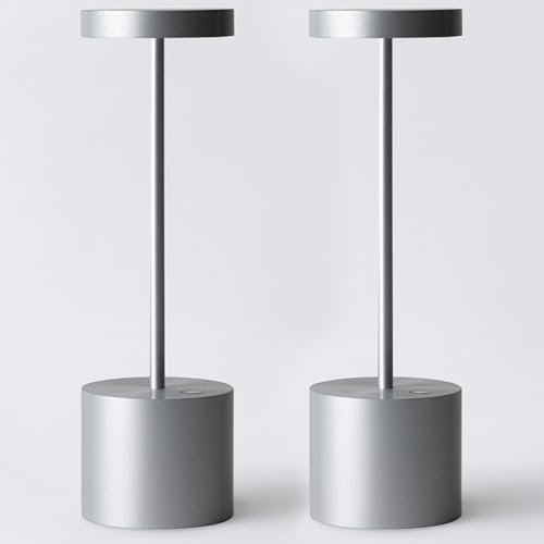 Barryca 2 Pack Cordless Rechargeable Table Lamp, 3 Color Temperature & Dimmable, IP54 Waterproof Battery Operated Portable LED Light for Outdoor, Patio, Restaurant, Bedside, Shower(Silver)