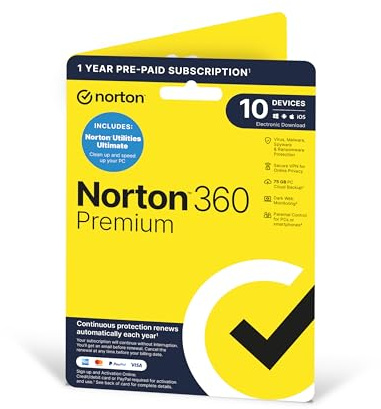 Norton 360 Premium 2024 + Utilities Ultimate Antivirus software for 10 Devices and 1-year subscription with automatic renewal, Includes Secure VPN, PC/Mac/iOS/Android - Activation Code by Post
