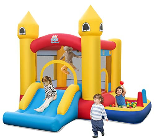 DREAMADE Château Gonflable 4 en 1 pour 3+ Ans, avec Panier du Basket-Ball, Toboggan, Trampoline, Piscine à Balles, Équipé de Ventilateur 450W, Aire de Jeux Extérieur, 306 x 288 x 239 CM