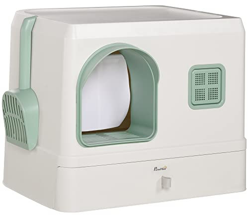 PawHut Cat Litter Box with Drawer Pan, Hooded Cat Litter Tray with Scoop, Deodorants, Front Entrance, 50 x 40 x 40cm - White